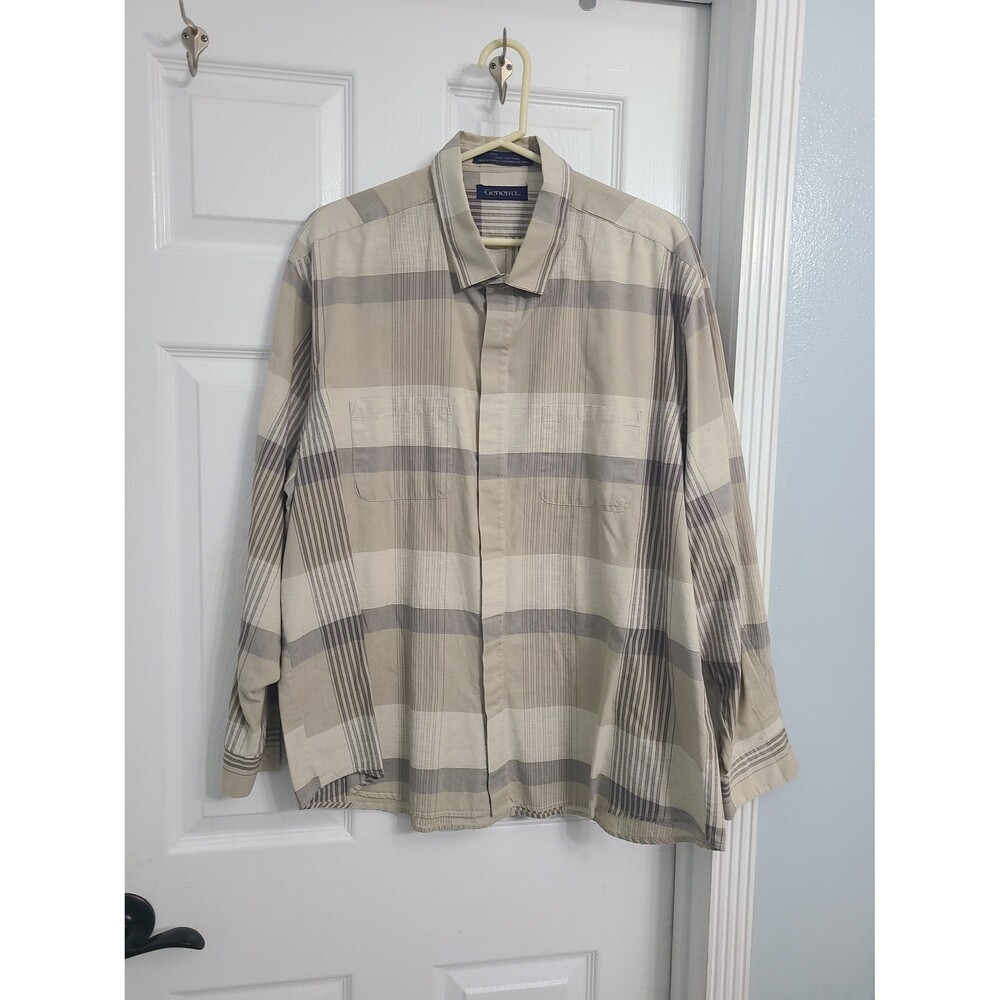 VTG Generra Plaid Striped Button Down Shirt Beige Gray Dual Chest Pockets sz XL